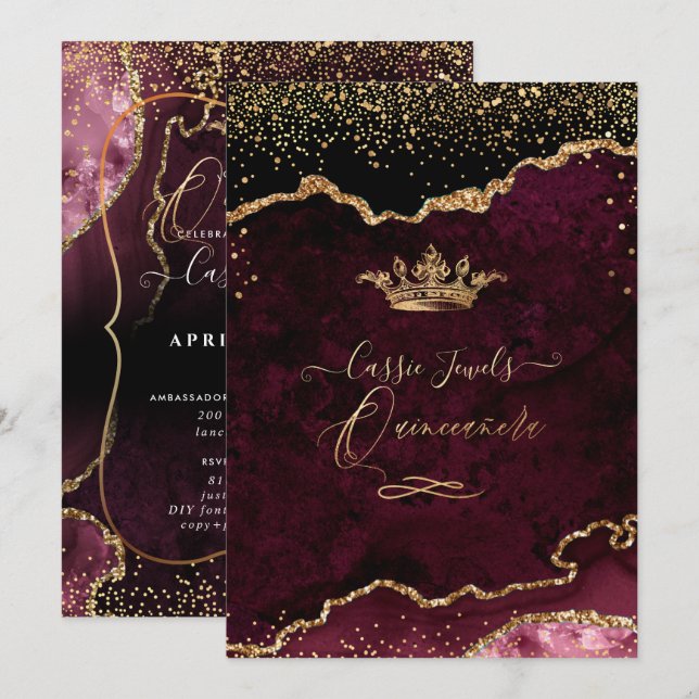 Invitation Quinceanera, Bourgogne Agate Faux Gold Confetti (Devant / Derrière)