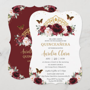 Invitation Quinceañera Bourgogne Blush Floral Gold Crown