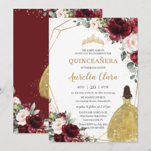 Invitation Quinceañera Bourgogne Blush Floral Or robe Couronn
