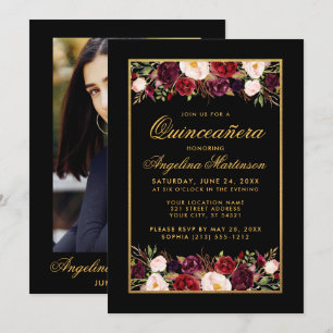 Invitation Quinceanera Bourgogne Floral Black Gold Photo