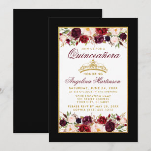 Invitation Quinceanera Bourgogne Floral Couronne Or Noir