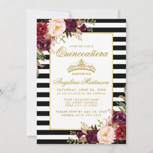 Invitation Quinceanera Bourgogne Floral Couronne or rayé