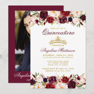 Invitation Quinceanera Bourgogne Floral Gold Crown Photo
