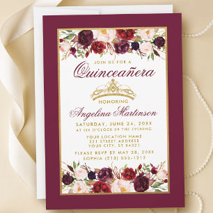 Invitation Quinceanera Bourgogne Floral Gold Frame Crown