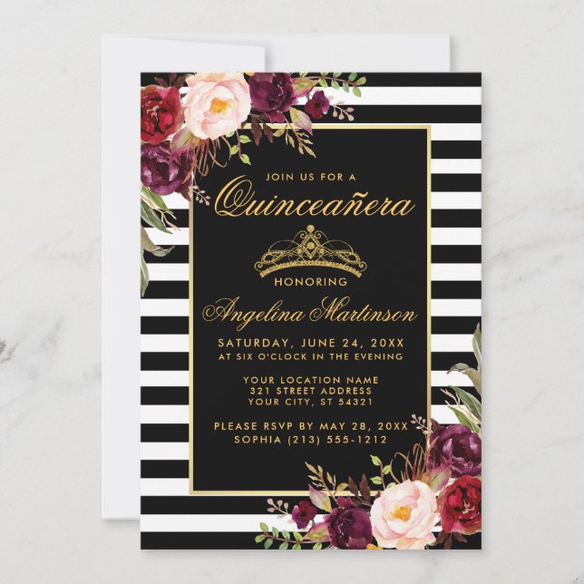 Invitation Quinceanera Bourgogne Floral Grandes Couronne Or (Devant)