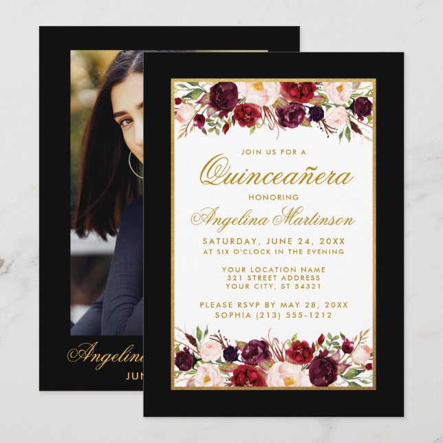 Invitation Quinceanera Bourgogne Floral Noir Blanc Or Photo (Devant / Derrière)