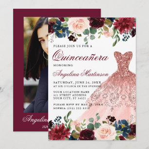Invitation Quinceanera Bourgogne Floral Photo Retour Robe