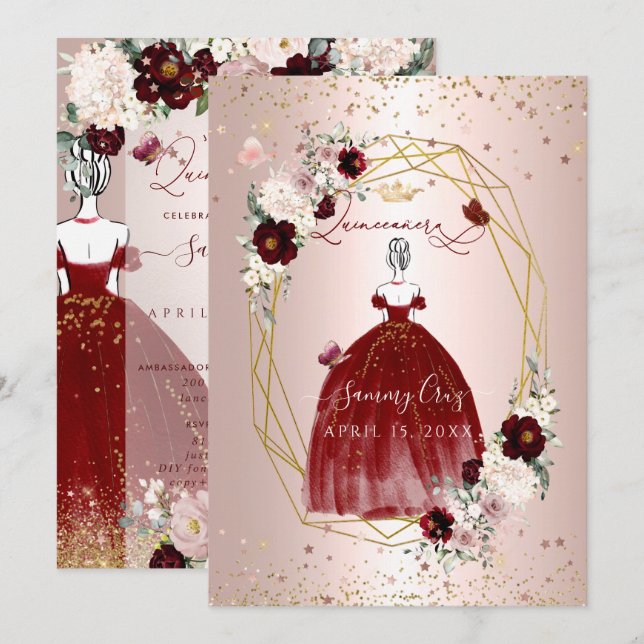 Invitation Quinceanera Bourgogne H2 Fleurs Dusty Rose Blush (Devant / Derrière)