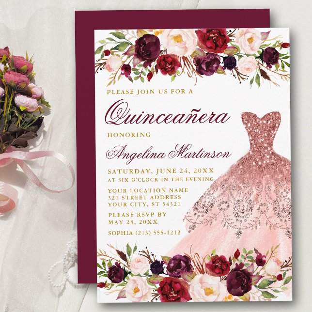 Invitation Quinceanera Bourgogne Parties scintillant Florale  (Customize to change text color,  size, style or to change color of back of card.)