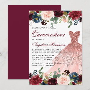 Invitation Quinceanera Bourgogne Parties scintillant Florale 
