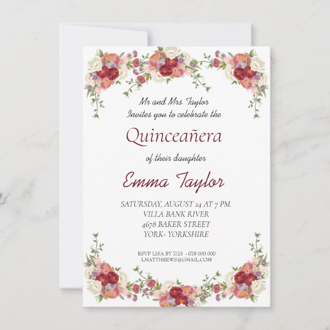 Invitation Quinceañera Bourgogne Peony Floral Anniversaire (Devant)