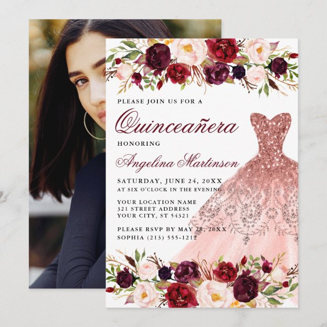 Invitation Quinceanera Bourgogne Robe de Parties scintillant  (Devant / Derrière)