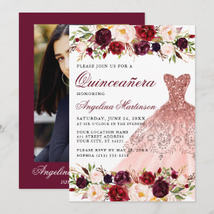 Invitation Quinceanera Bourgogne Robe Florale Retour