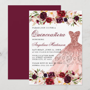 Invitation Quinceanera Bourgogne Robe Florale Rose Parties sc