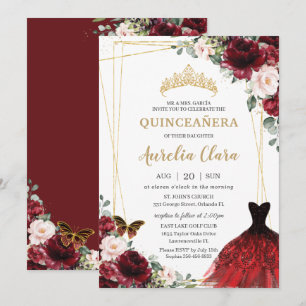 Invitation Quinceañera Bourgogne rose Floral Princesse Gown