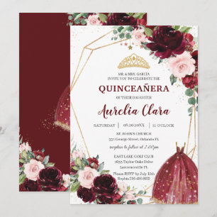 Invitation Quinceañera Bourgogne rose Floral Rose Ball