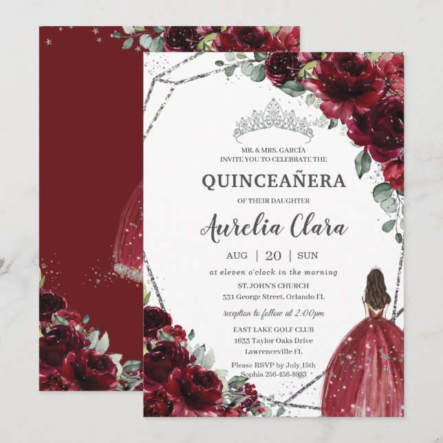Invitation Quinceañera Bourgogne Rouge Floral Argent Princess (Devant / Derrière)