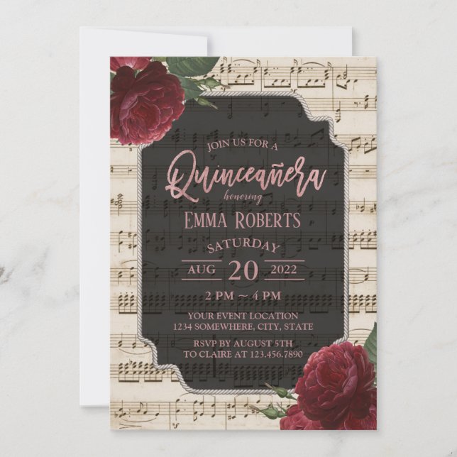 Invitation Quinceanera Bourgogne Rouge Floral Musique Anniver (Devant)
