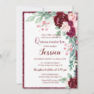 Invitation Quinceanera Bourgogne Rouge Floral Parties scintil