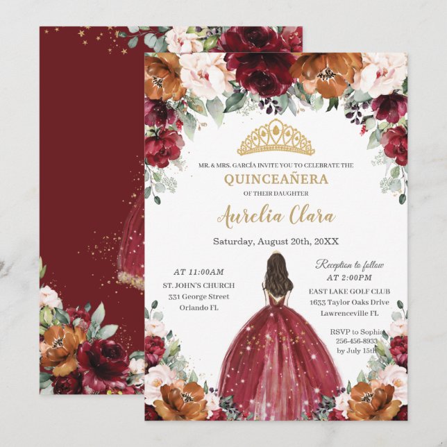 Invitation Quinceañera Bourgogne rouille rouille rouille Flor (Devant / Derrière)