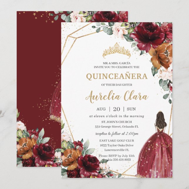 Invitation Quinceañera Bourgogne rouille rouille rouille Flor (Devant / Derrière)