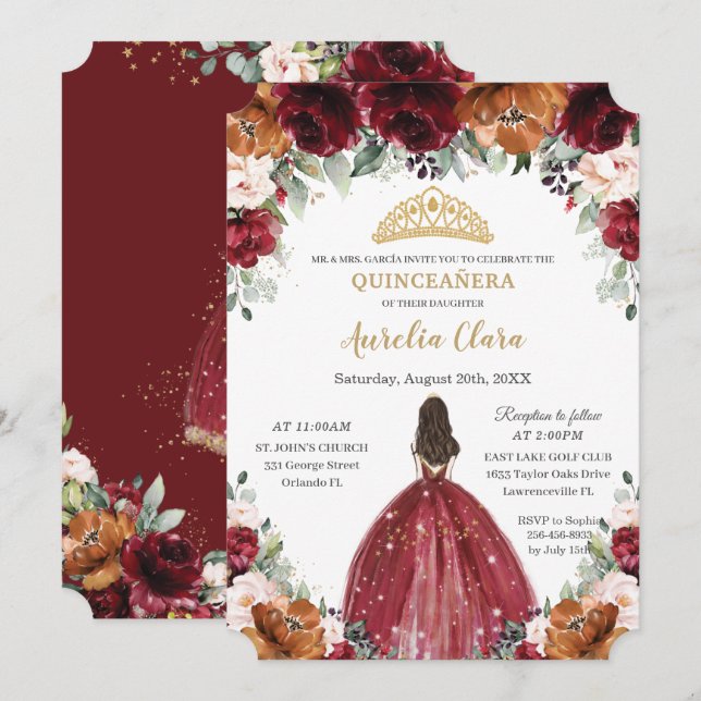 Invitation Quinceañera Bourgogne rouille rousse princesse Flo (Devant / Derrière)