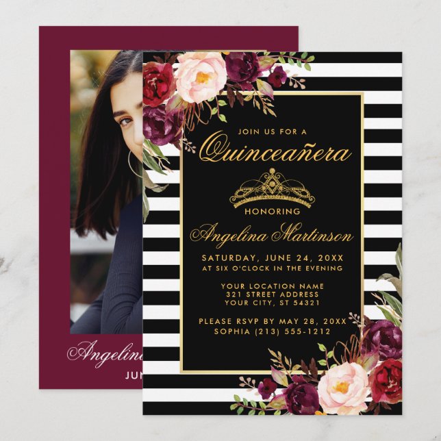 Invitation Quinceanera Bourgogne - Tirures florales de la Cou (Devant / Derrière)