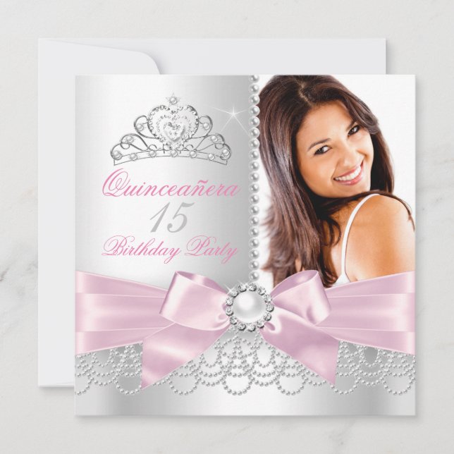 Invitation Quinceanera Bow rose blanc perles Photo Anniversai (Devant)