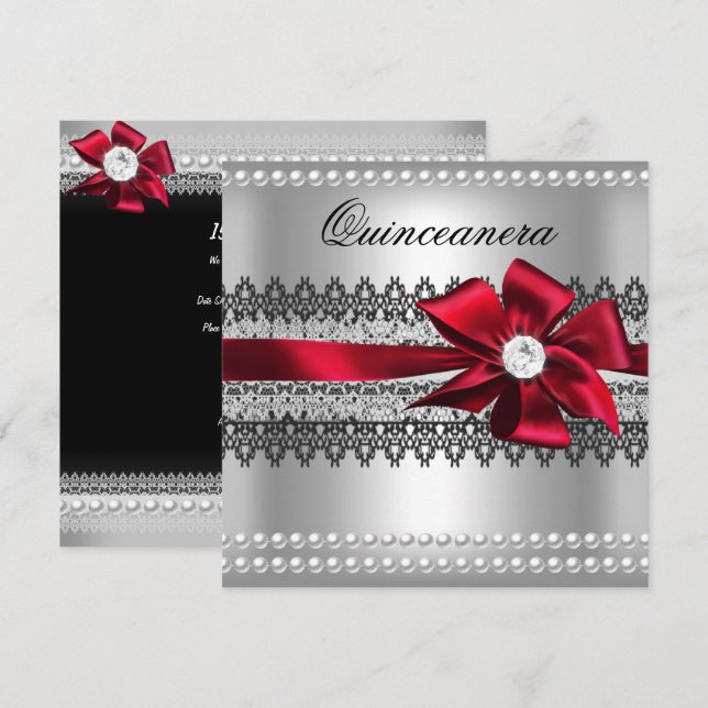 Invitation Quinceanera Bow rouge noir Pearl Lace Diamond (Devant / Derrière)