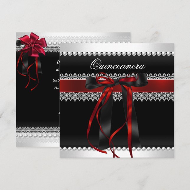Invitation Quinceanera Bow rouge noir Pearl Lace Diamond (Devant / Derrière)