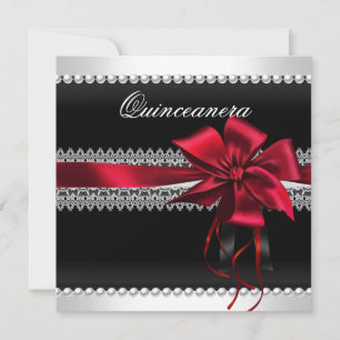 Invitation Quinceanera Bow rouge noir Pearl Lace Diamond