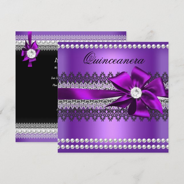 Invitation Quinceanera Bow violet noir perle de dentelle Diam (Devant / Derrière)