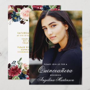 Invitation Quinceanera Burgundy Bleu rose Floral Photo