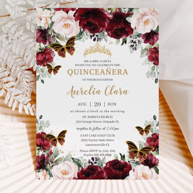 Invitation Quinceañera Burgundy Blush Floral Butterflies or (Créateur téléchargé)