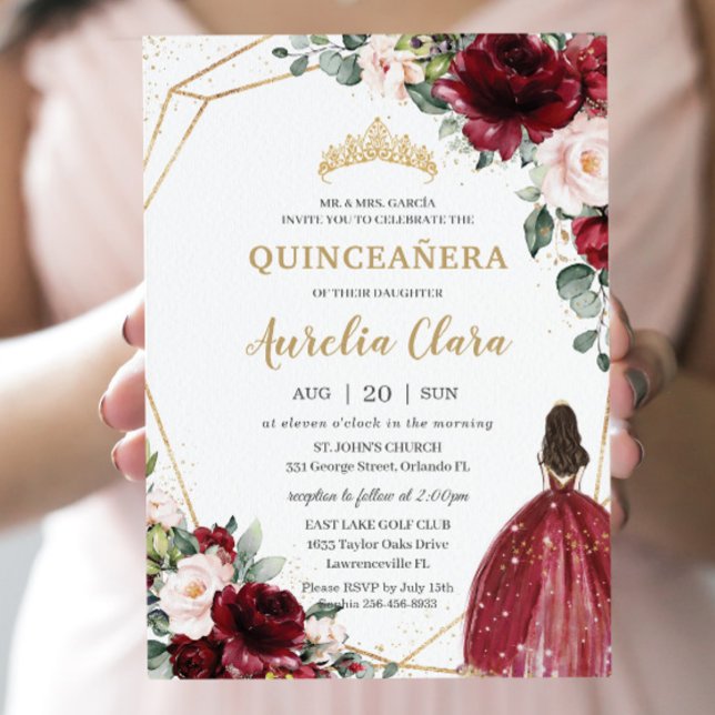 Invitation Quinceañera Burgundy Blush Floral Gold Princess (Créateur téléchargé)