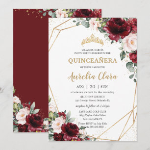 Invitation Quinceañera Burgundy Blush Floral Or géométrique