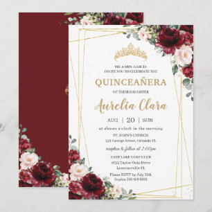 Invitation Quinceañera Burgundy Blush Floral Or géométrique