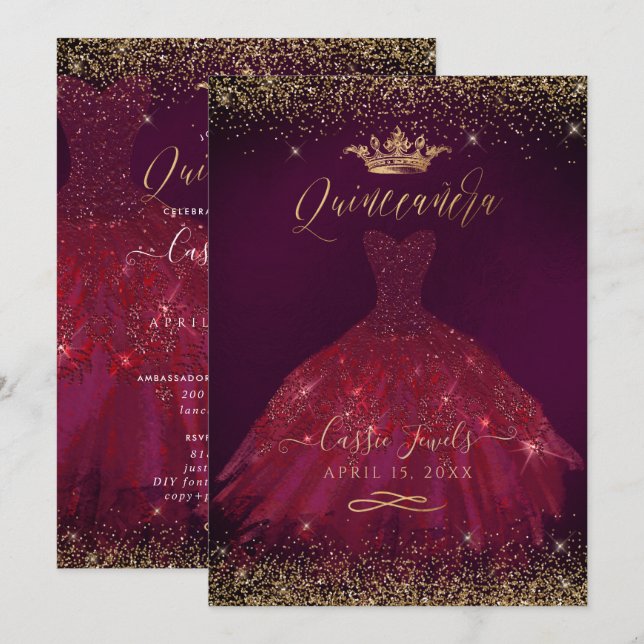 Invitation Quinceanera Burgundy Gold Parties scintillant Prin (Devant / Derrière)