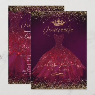 Invitation Quinceanera Burgundy Gold Parties scintillant Prin