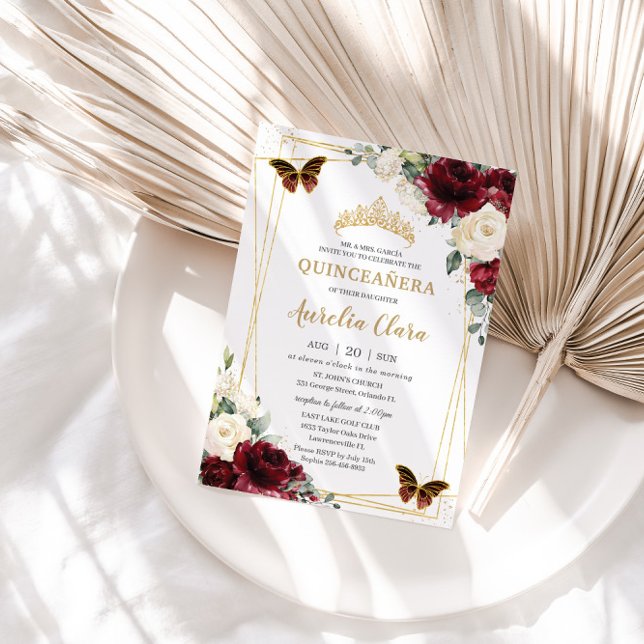 Invitation Quinceañera Burgundy Ivory White Floral Butterfly (Créateur téléchargé)