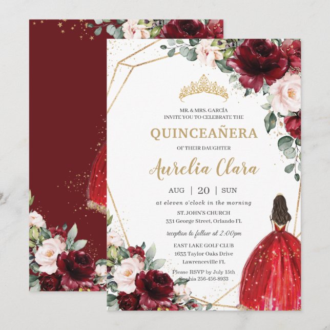 Invitation Quinceañera Burgundy Red Blush Floral Princess (Devant / Derrière)