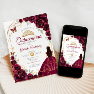 Invitation Quinceanera Burgundy Robe Florale Or