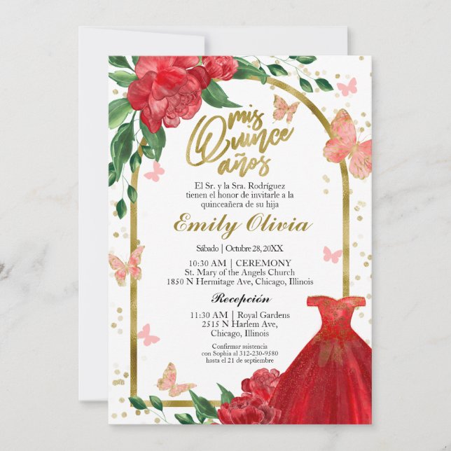 Invitation Quinceanera Butterflys Red Gown espagnol (Devant)