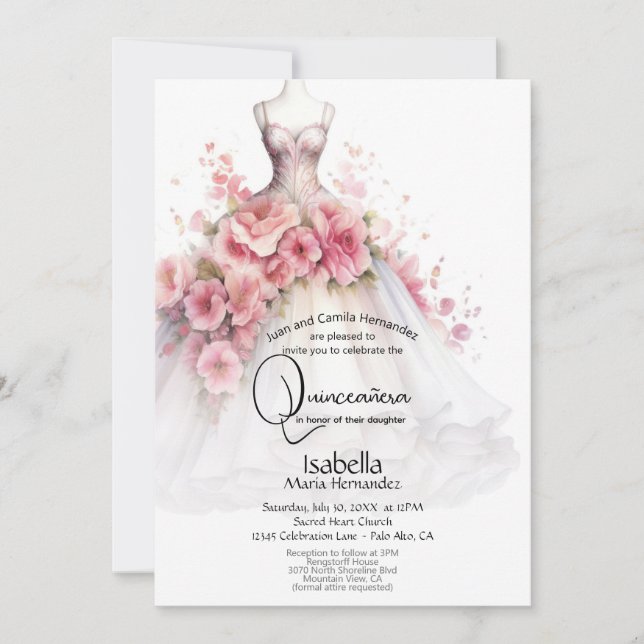 Invitation Quinceañera | Camellia blanche et rose (Devant)