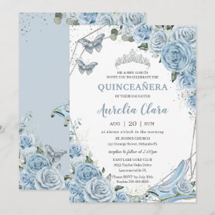Invitation Quinceañera Cendrillon Princesse Bleu Floral