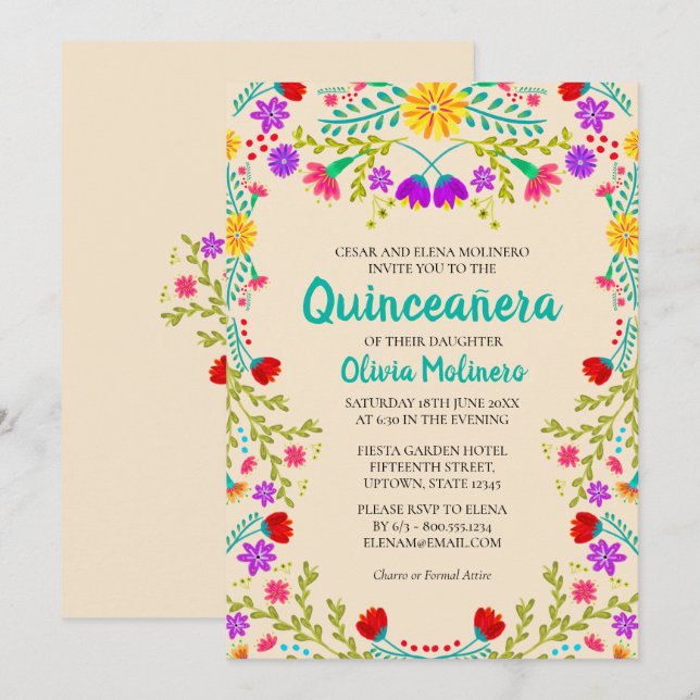 Invitation Quinceanera Champagne Fleurs mexicaines Anniversai (Devant / Derrière)