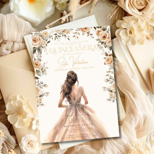 Invitation Quinceañera Champagne Gold Floral Gown Princesse