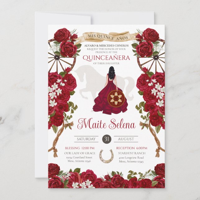 Invitation Quinceanera Charra Elégante Roses Rouges Province  (Devant)