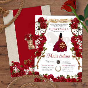 Invitation Quinceanera Charra Girl Élégante Roses Rouges & Ch