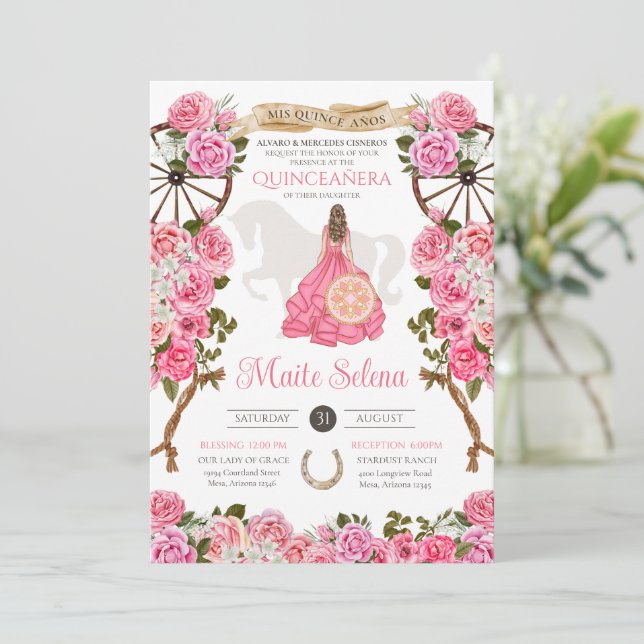 Invitation Quinceanera Charro Elégant rose rose Anniversaire (Debout devant)
